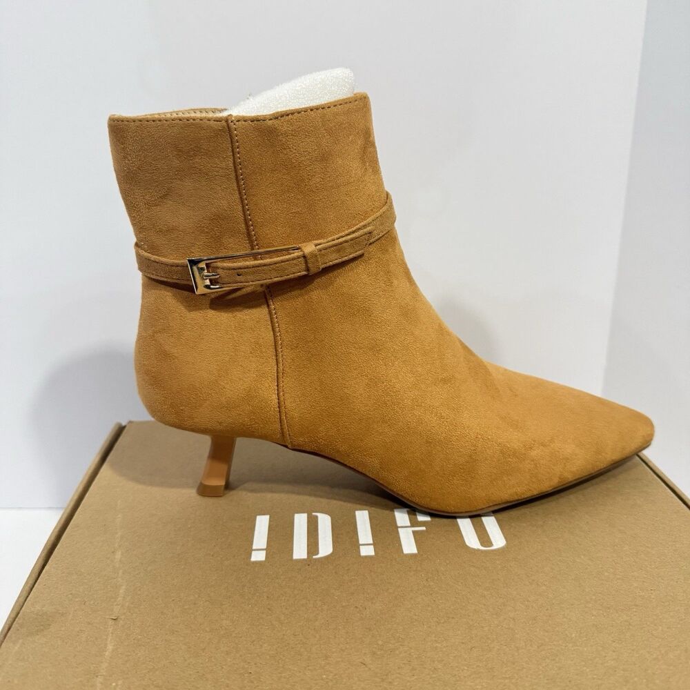 Women Low Kitten Heel Ankle Boots Pointed Toe Zipper Booties Sz 8.5 Khaki Suede